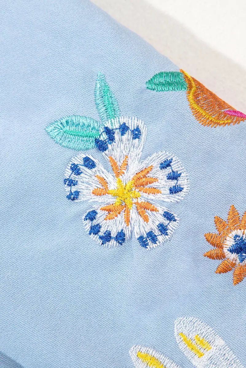 Beau Blue Floral Embroidered Puff Sleeve Split Neck Blouse - Love Salve